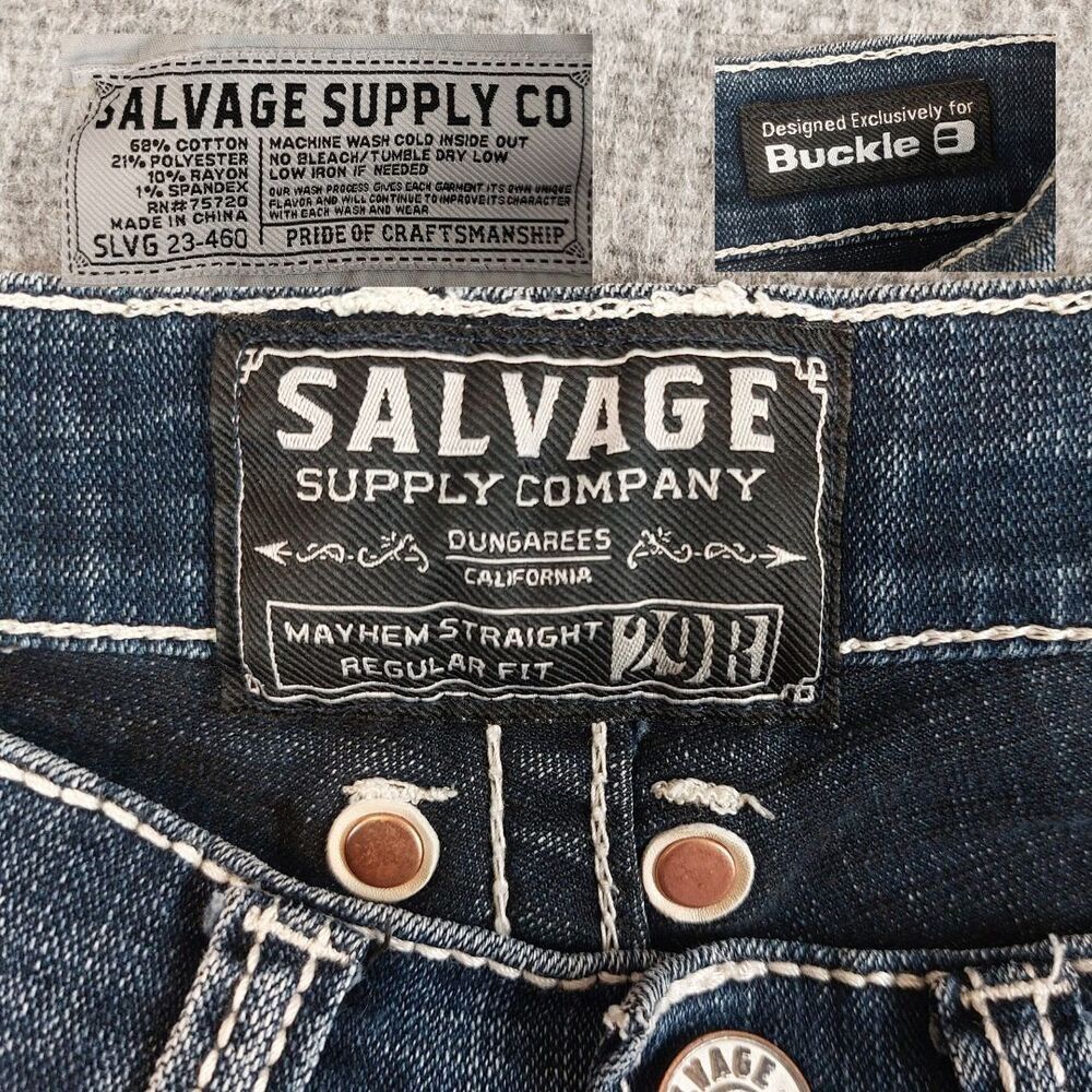 Salvage Mayhem Straight Blue Jeans Men's 29R (Fit 31x31) Blue Distressed Stretch - Picture 5 of 9